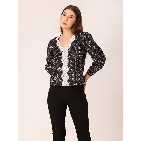 DressBerry Women's Printed Poly Rayon Deep V Neck Long Balloon Sleeves Top Laced Front Button Closure Casual Summer Wear High Waist Length Loose Fitted Party Wear Blouse