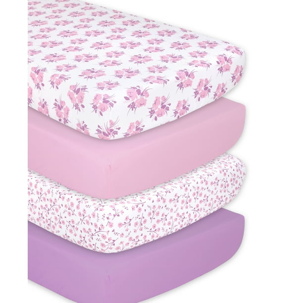 The Peanutshell Fitted Crib Sheets for Baby Girls, 4 Pack Set, Purple Floral