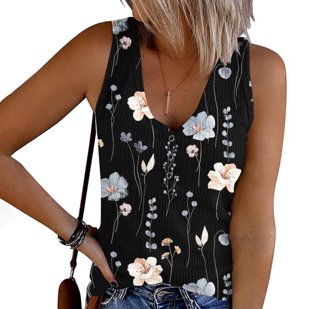 ICHUANYI Clearance Womens Tank Summer Printed Buttons Sleeveless V-Neck Casual Blouse Button Tunic Tops(Black, XL) ICHUANYI WER2023081007687