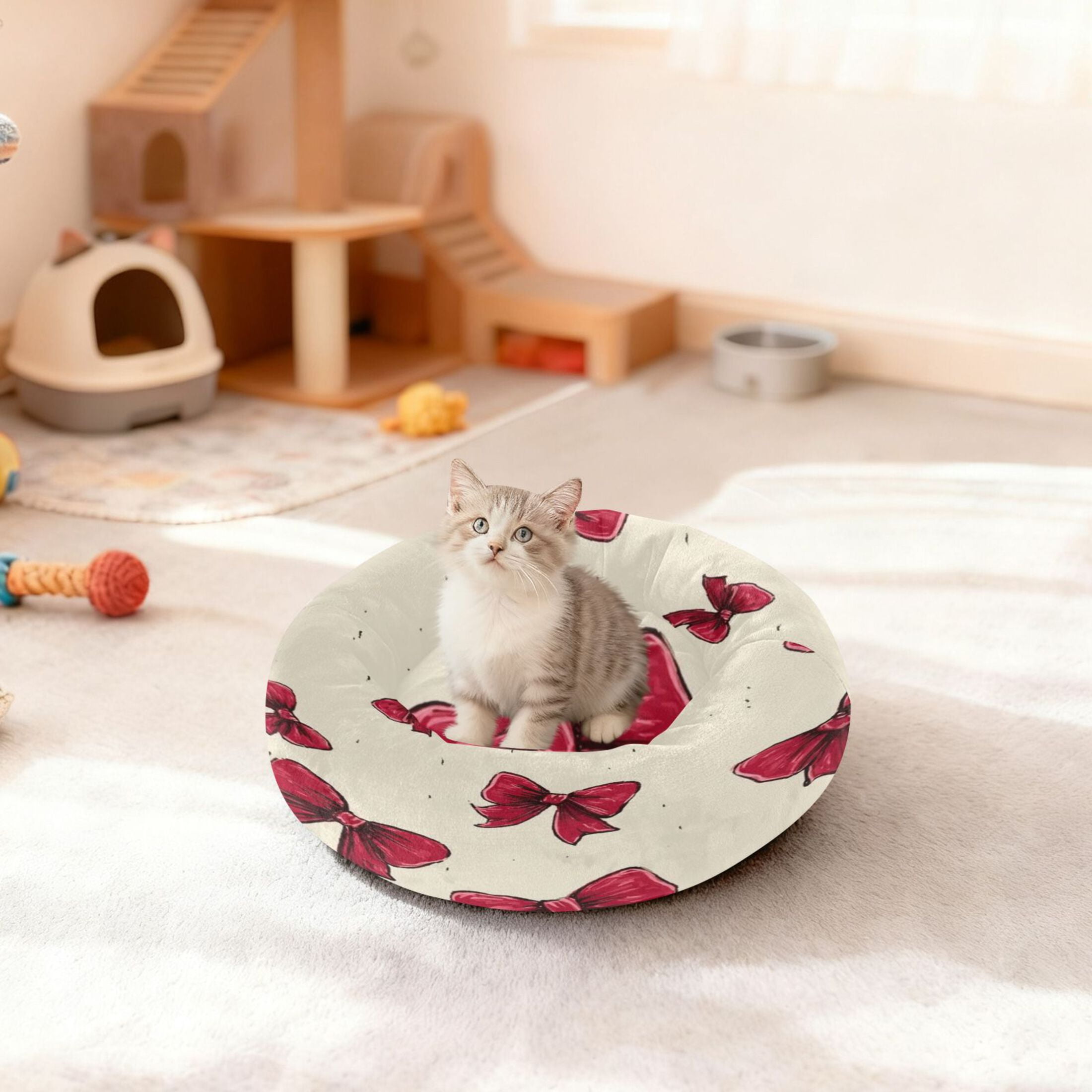 Iauyy Pet Couch Donut Cat Bed for Indoor Cats/Small Dogs Washable & Machine with Non-slip Bottom Calming Cat Furniture, Cream-colored Bow Tie (XS)