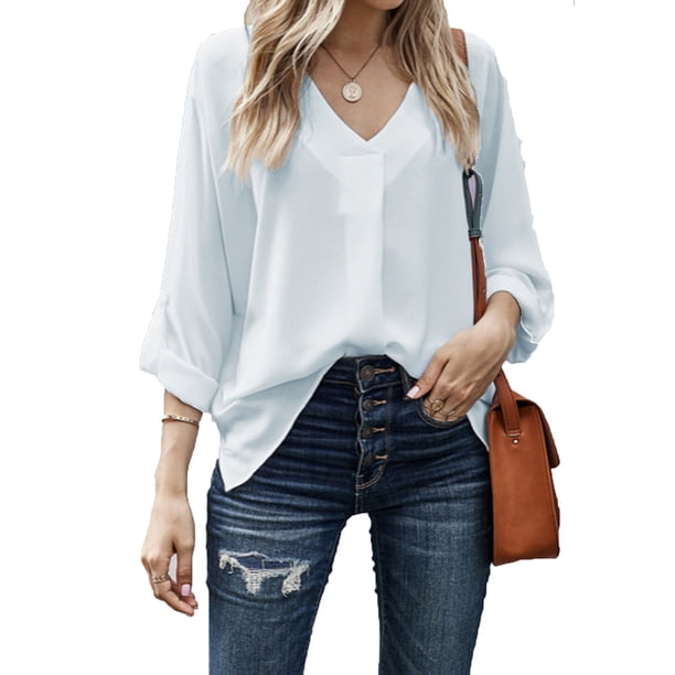 Blusa de mujer, top elegante, camiseta de verano, camisa de cuello en V, blusa vintage, tops tipo túnica S-2XL