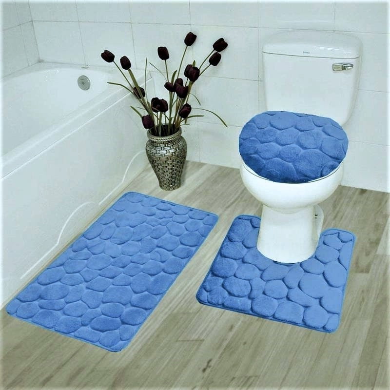 3-Piece Solid Bathroom Set Bath Mat Contour Rug Toilet Lid Cover Light Blue 