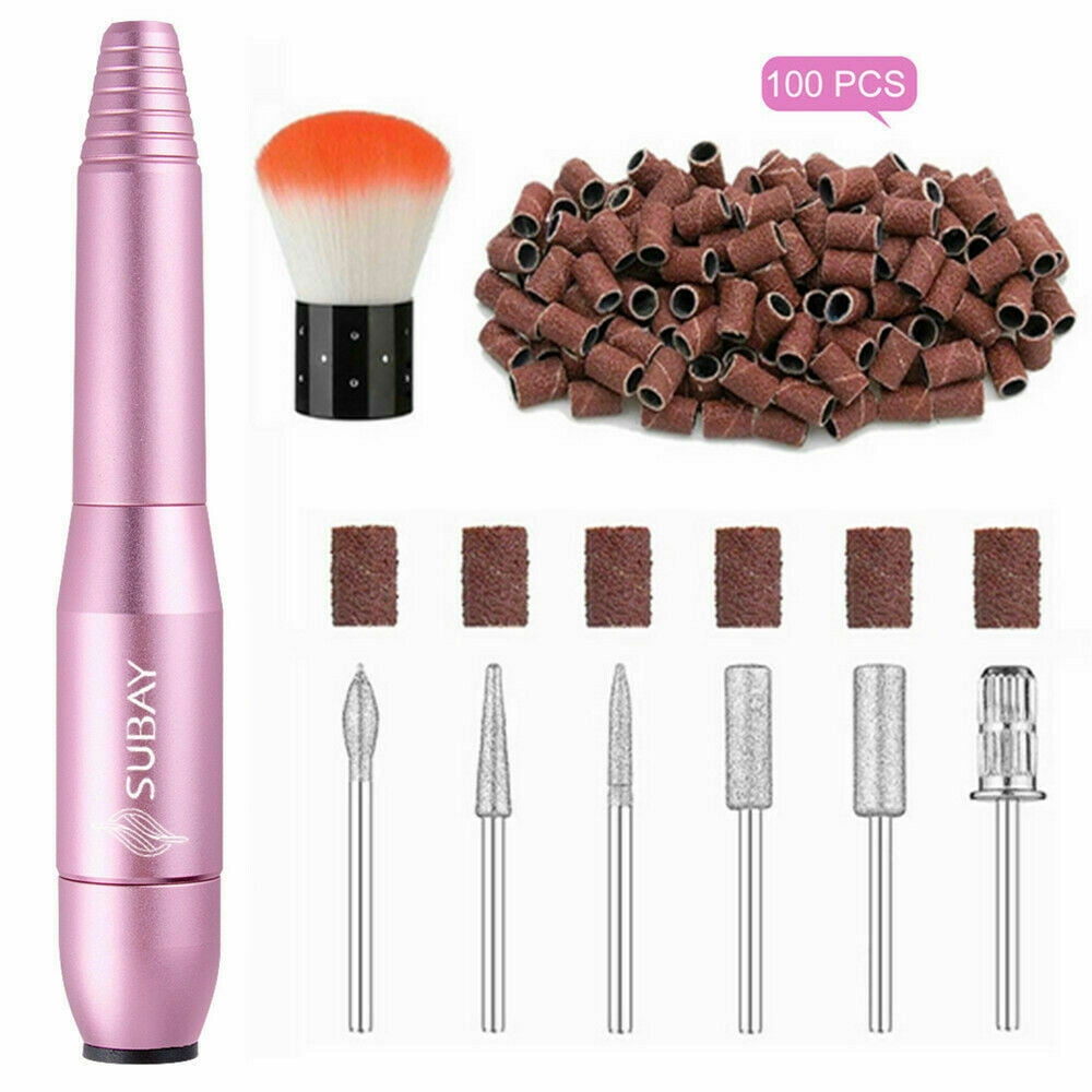 Portable Acrylic Electric Nail Drill Buffer Kit Professional Pink Handpiece File Grinder Manicure Pedicure Tools 100PCS Sand Bands for Liquid Monomer Dip Powder Polygel Gel Polish Tips