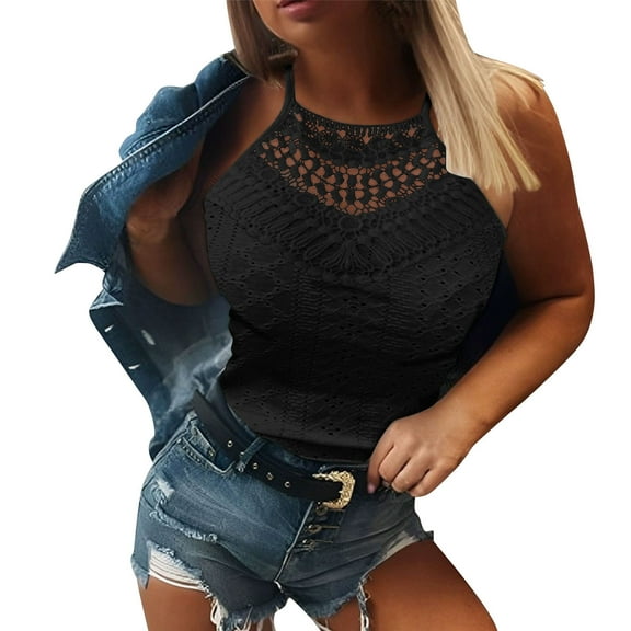 Summer Blouses for Women 2025 New Womens Eyelet Tank Tops Camisole Dressy Casual Lace Crochet Cami Tops Spaghetti Strap Sleeveless Shirts Style B-34 Black S