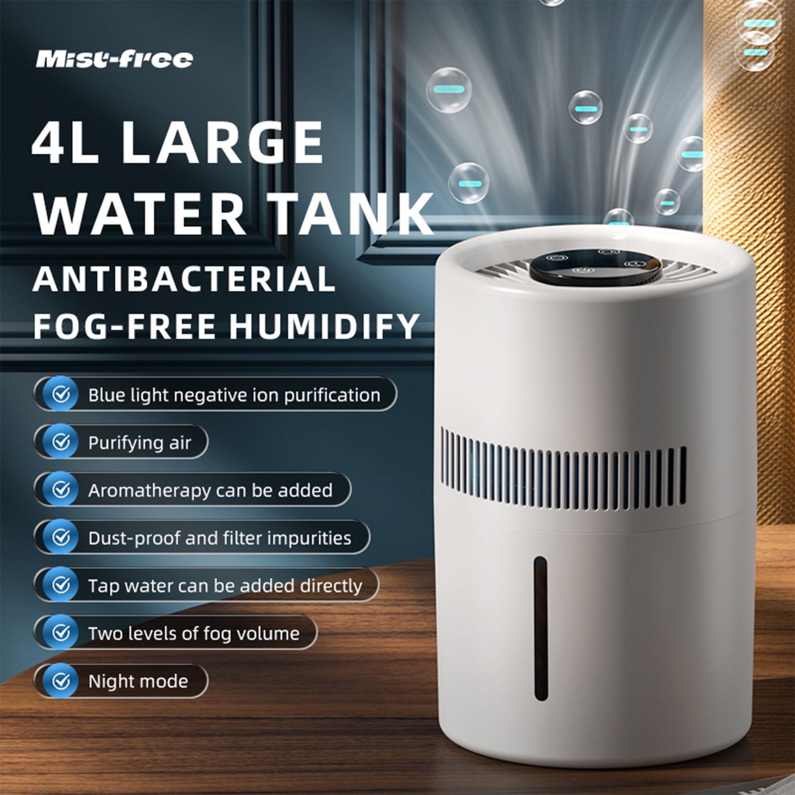 FHBVT 4L Large Cool Mist Humidifier, Purifier and Diffuser with Adjustable Mist Control, Removes Impurities, Ideal for Bedroom Office Living Room, with USB Power Supply, Ensures Optimal Air Quality