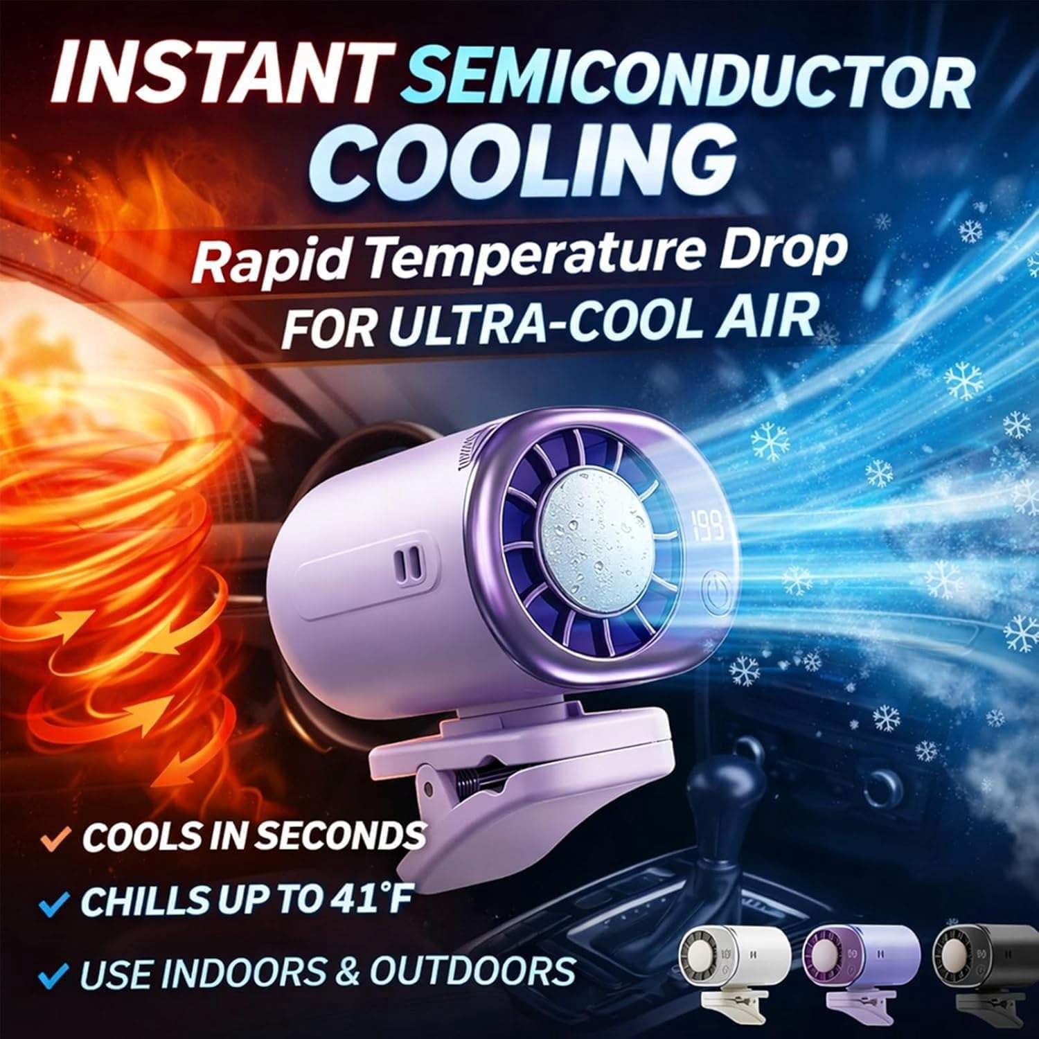2026 New Car Clip On Air Conditioner Fan with LED Display, 360° Rotation Portable Mini Cooling Fan, USB Rechargeable 199 Speeds 16℃ Semi‑Cooling with Wide Clamp