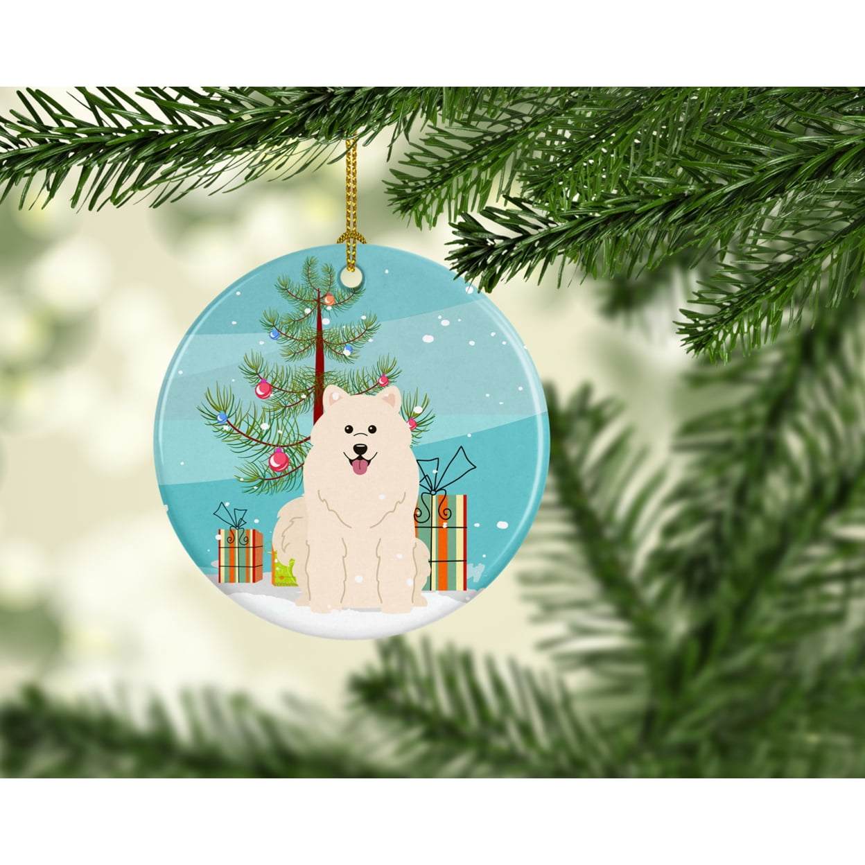 Merry Christmas Tree Samoyed Ceramic Ornament