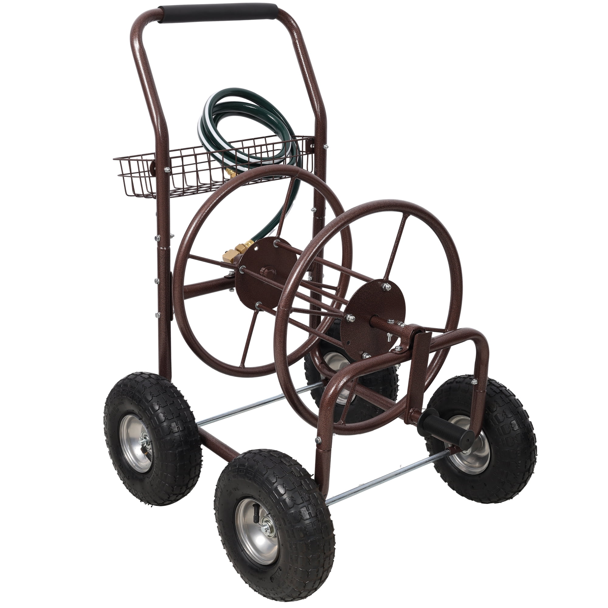 Garden Hose Reel Cart, Heavy-Duty 4-Wheel Hose Cart Holds 250ft 5/8" Hose with Storage Basket, Rust-Resistant Steel Frame for Yard, Lawn