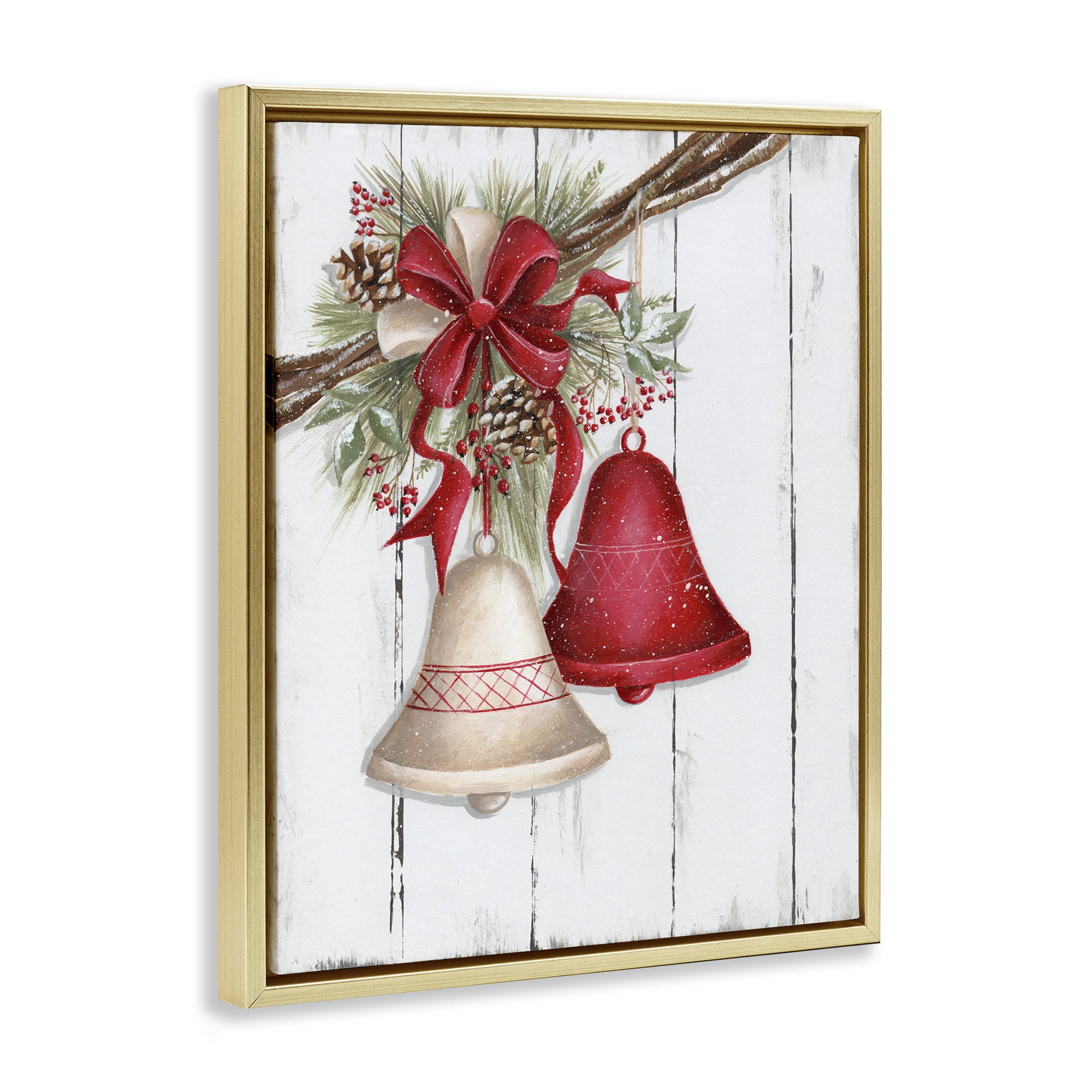 Stupell Industries Rustic Winter Bells Holiday Painting Gold Floater Framed Art Print Wall Art, 25 x 31