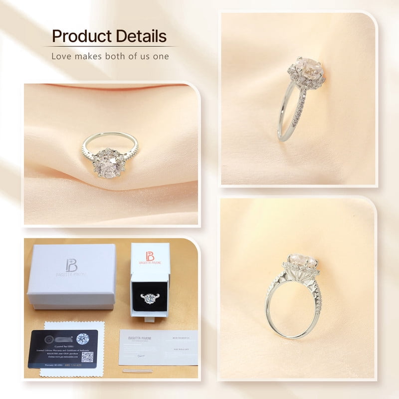 Aurora&Fiori 0.5carat Round Cut Moissanite Engagement Ring for Women 18K White Gold Plated S925 Sterling Silver Flower Halo Promise Ring