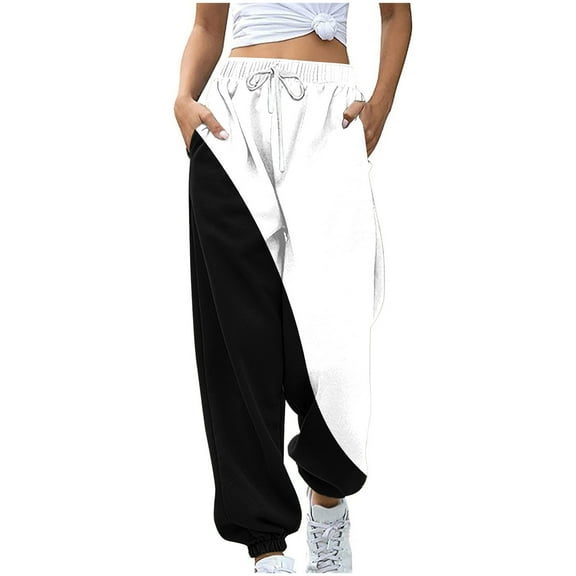FNFYFH Womens Sweatpants Baggy High Waist Drawstring Joggers Trendy Color Block Workout Gym Pants Comfy Lounge Bottoms with Pockets