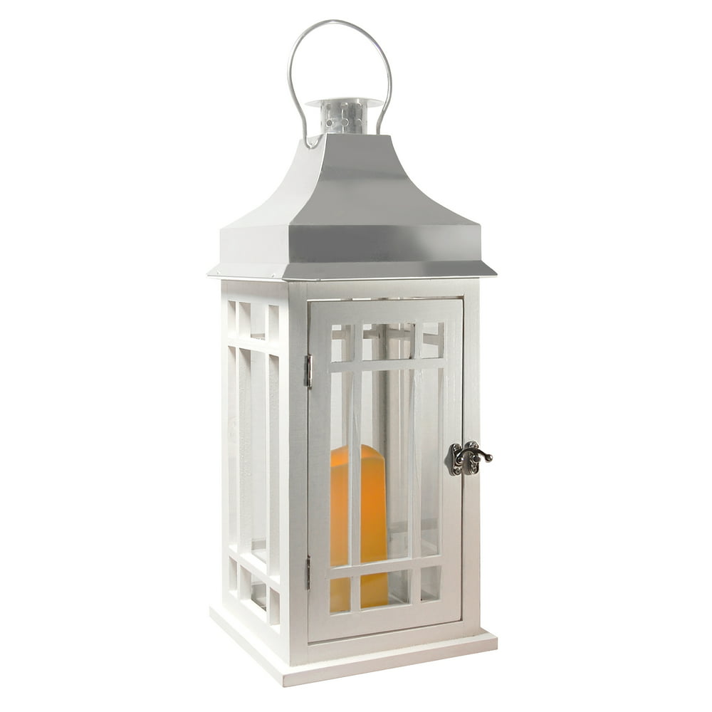 18” White Wooden Battery Operated LED Candle Lantern - Walmart.com ...