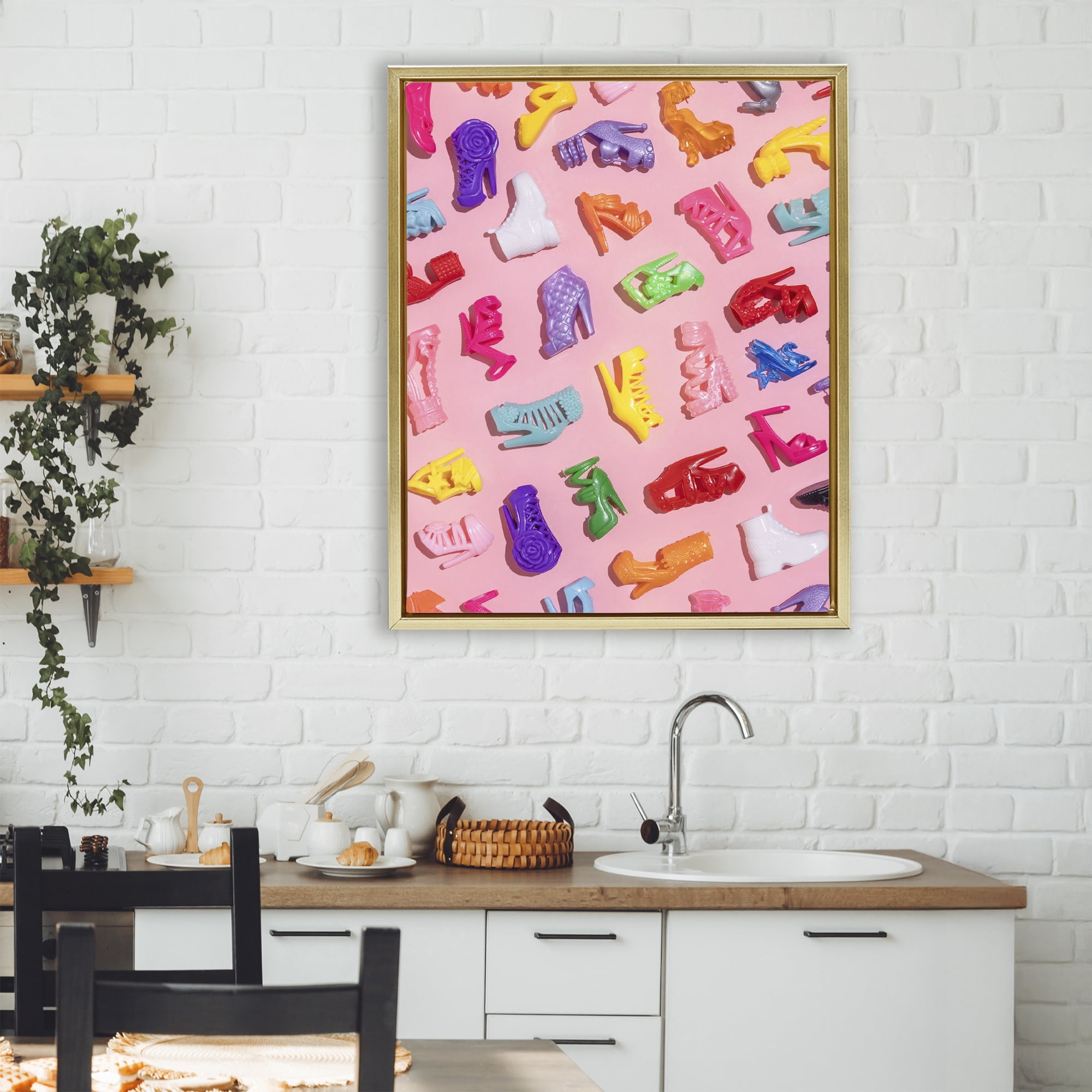 Stupell Industries Tiny Colorful Doll Shoes Gold Framed Floater Canvas Wall Art, design by LISH Creative