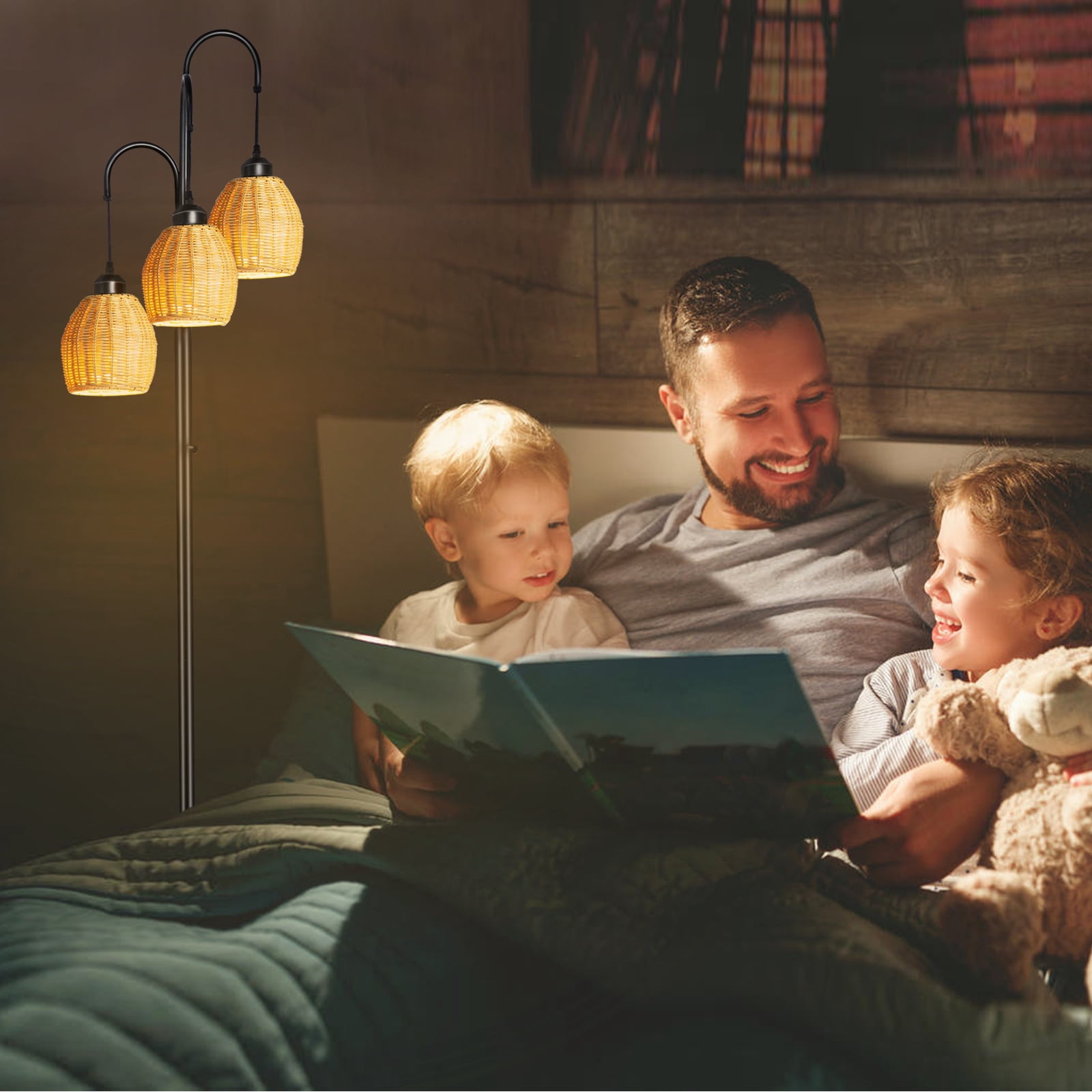 Lambaolom Rattan Boho Floor Lamp: Stepless Dimmable for Living Room, 3-Light Tree Design, Includes 3 Pcs 6W LED Bulbs