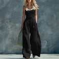 thumbnail image 2 of Women's Spaghetti Strap Cowl Neck Jumpsuit, Front Button High Waist Wide Leg Full Length Loose Solid Color Romper with Side Pockets Black L(L), 2 of 6