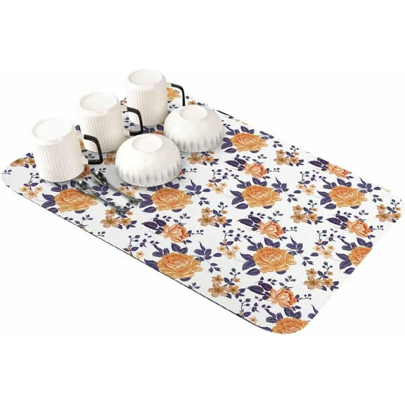 Orange Flower Dish Drying Mat for Kitchen Counter, Super Absorbent Quick Dry Coffee Bar Mat Pad Thin Diatomaceous Sink Mat Non Slip Dish Drainer Mat 23.5x15.5 Vintage Watercolor Spring Leaves