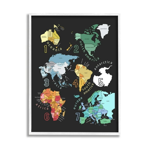 Stupell Industries Seven Continents Informative Diagram Map Detailed Countries Framed Wall Art, 16 x 20, Design by Carla Daly