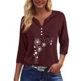 thumbnail image 4 of WTOBBY Women's Fashion Basic V-Neck T-Shirt with Printed Pattern, 3/4 Sleeve, and Button Detail, Ideal for Weekend Wear, Spring Fall Season, Casual Occasions, and Everyday Comfort,Wine L, 4 of 6