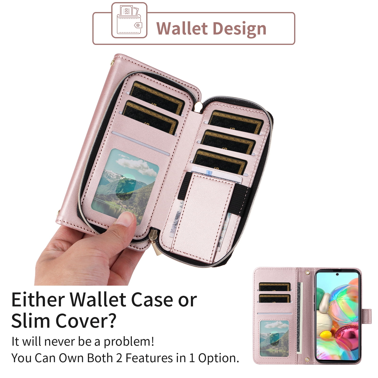Furiet Wallet Case for Samsung Galaxy A51 4G with Wrist Strap, Crossbody Shoulder Strap, Card Slots Zipper Purse, Luxury PU Leather Stand Cell Phone Cover for A 51 M40S 51A A515F S51 Women Rose Gold
