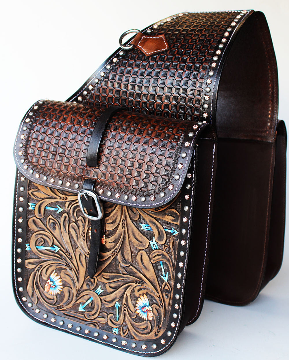 WESTERN TRAIL HORSE OR MOTORCYCLE SADDLE BAGS BAG HAND TOOLED BROWN LEATHER 