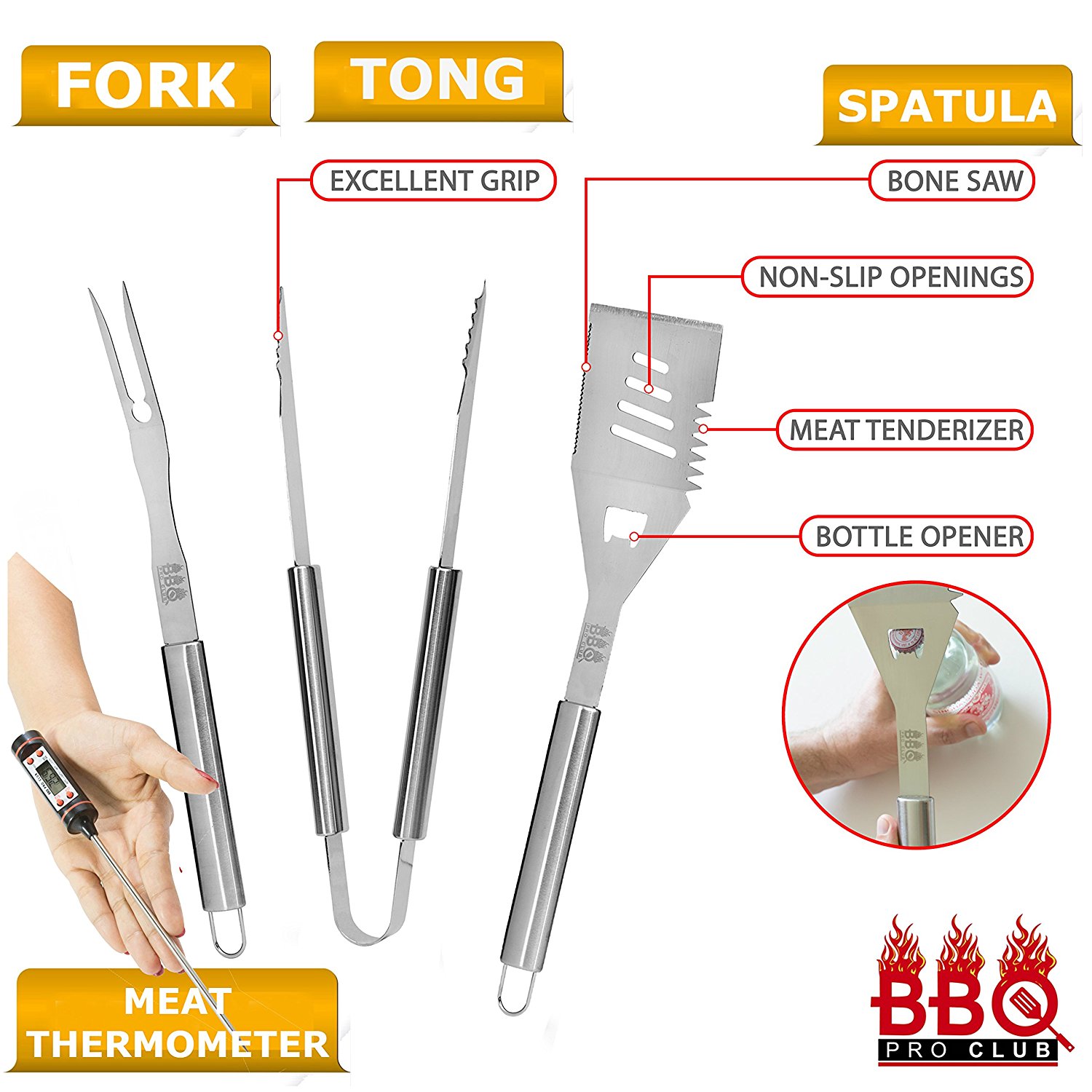 Grill Accessories, 4 piece BBQ Tool Grill Set - Grill Tools Includes Stainless Steel Metal Spatula, Fork, Tongs and Instant Read Meat BBQ Thermometer, Great For Gifts - By BBQ Pro Club - image 2 of 7