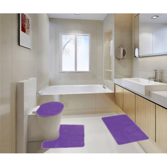 Luxury large rug mat set for bathroom non slip 3pc super soft plush chenille #6 purple color