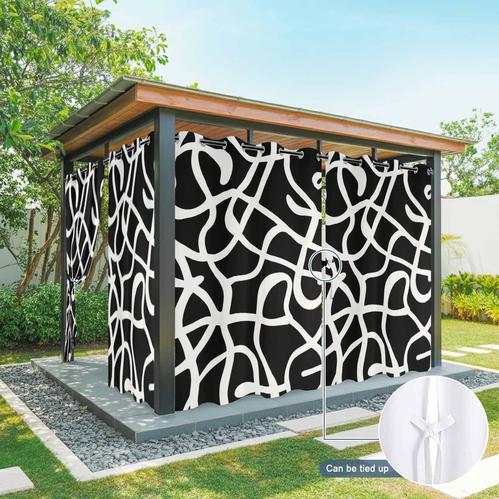 Abstract Line Outdoor Curtains for Patio, Retro White Wave Line Art Black Minimalist Sunshade Privacy Drapes Grommet Waterproof Outside Curtains for Porch/Cabana/Balcony 54"x 108", 1 Panel