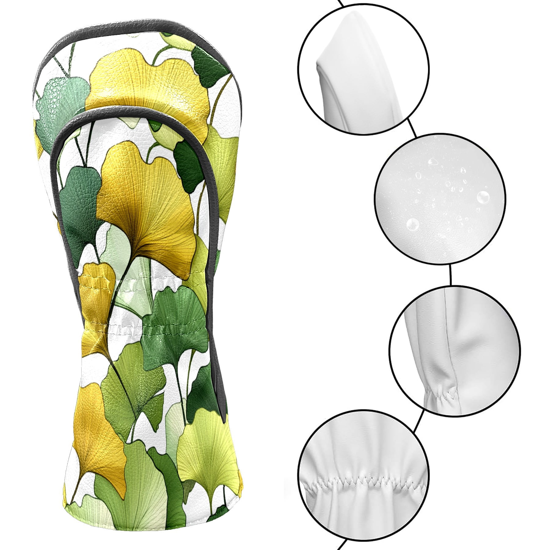 Golf Club Covers PU Leather Waterproof Head Covers for Fairway Woods Hybrids Yellow Green Ginkgo Leaves