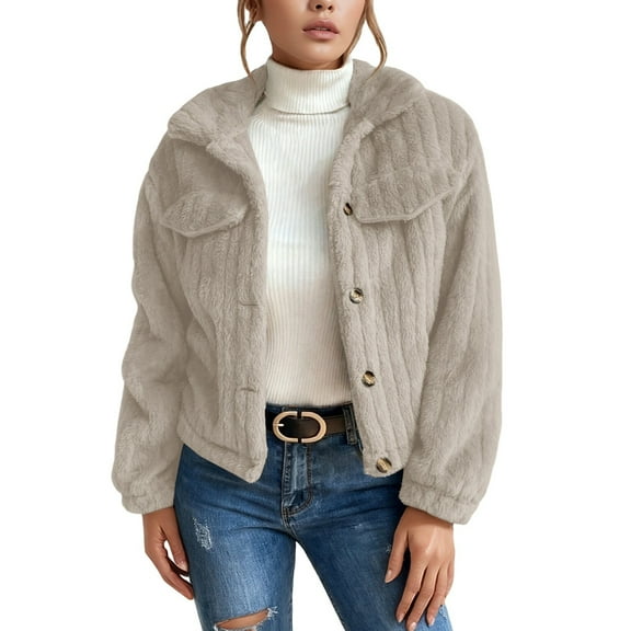 Wuxian Women Winter Jacket Stand Collar Long Sleeve Fuzzy Solid Color Thick Warm Soft Short Coat Casual Front Open Cardigan Outerwear For Fall Winter Dailywear,Beige,L
