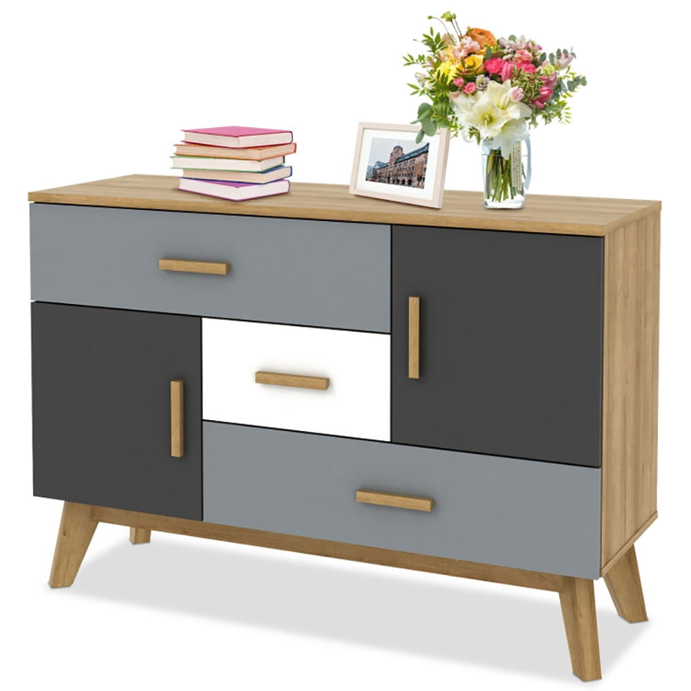 Finihen Storage Floor Cabinet, Free-standing Storage Floor Cabinet with 2 Doors and 3 Drawers, for Living Room, Home, Office, Entryway, Gray