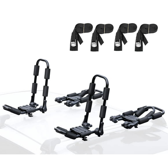 Leader Accessories Folding Kayak Rack 4 PCS/Set J Bar Car Roof Rack for Canoe Surf Board SUP On Roof Top Mount on SUV, Car and Truck Crossbar with 4 pcs Tie Down Straps