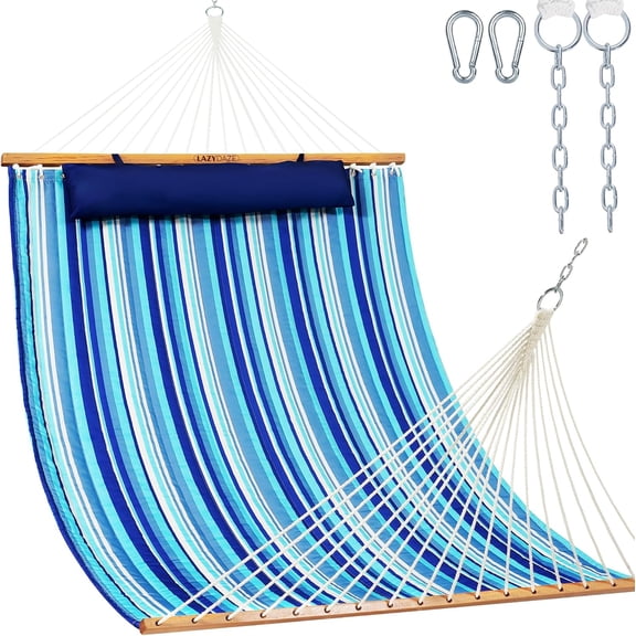 12 Ft Quilted Fabric Double Hammock with Spreader Bars and Detachable Pillow, 450 Lb Capacity, Mixed Blue Stripes