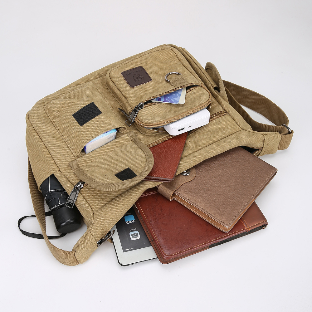 LEBULLBRO Canvas Messenger Bag for Mens Womens Multi-pockets 13 inch Laptop Shoulder Sling Bags School Crossbody Bags Travel Khaki