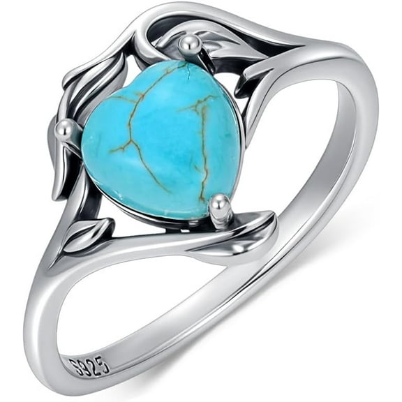 Genuine Turquoise Rings 925 Sterling Silver Heart Shape Natural Gemstone Leaf Ring Western Jewelry Gifts for Women