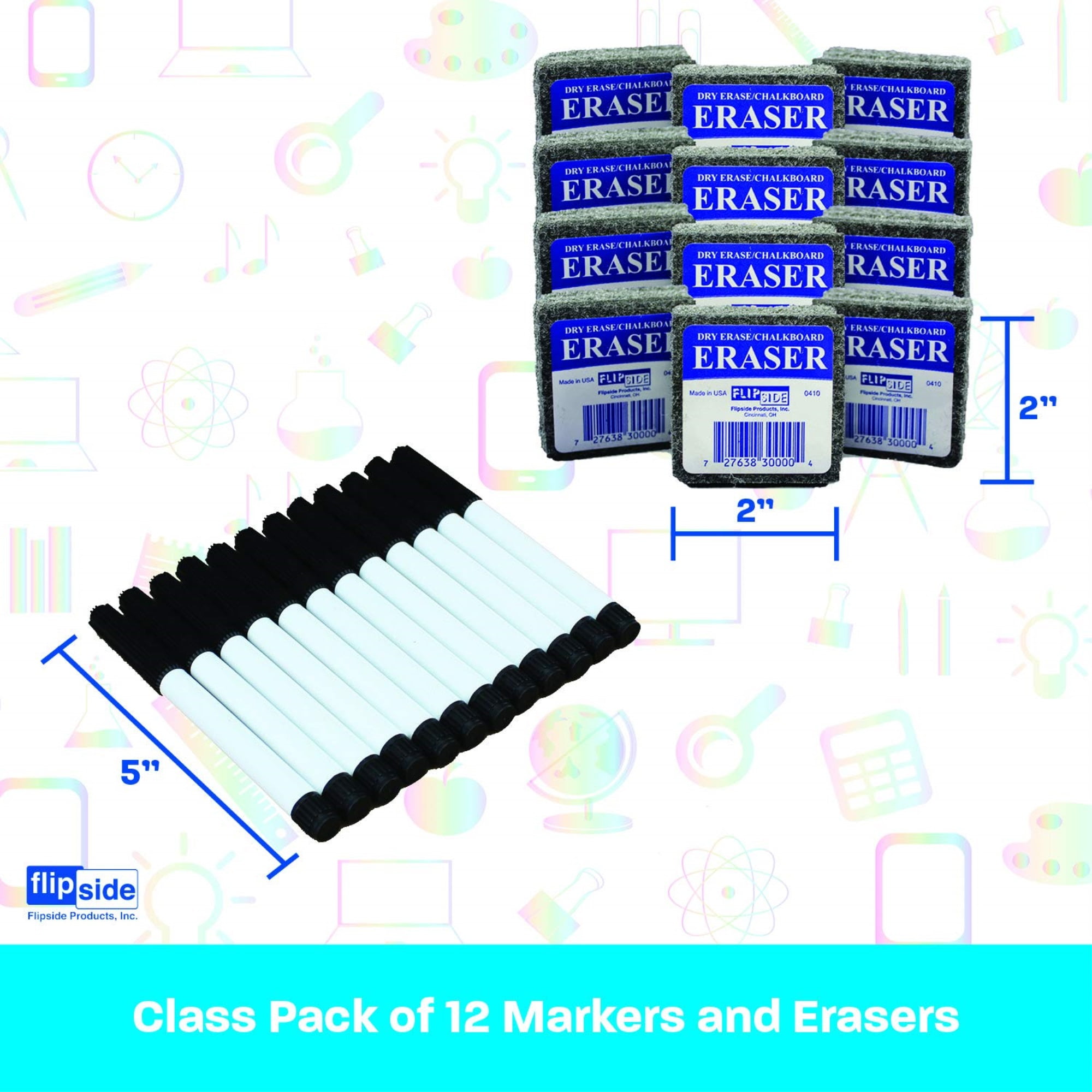 Classroom, Student Accessories Set Of 12 Erasers And 12 Black Markers