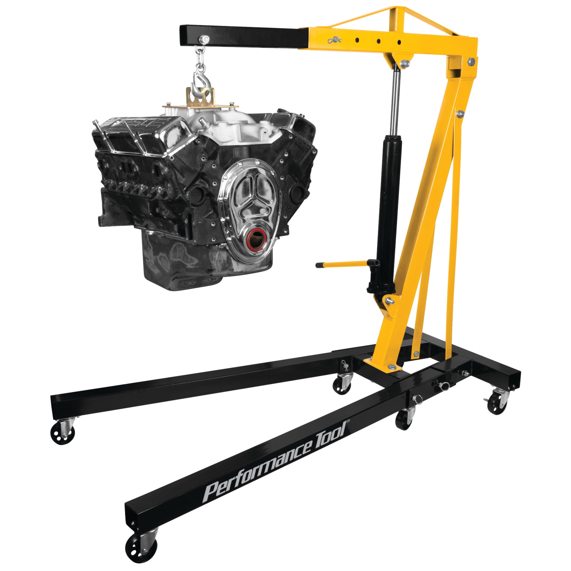 Performance Tool W41049 1-Ton Foldable Shop Crane - Fold-Up Legs, 2,000-Lb. Capacity, Load-Limiting Safety Valve, Yellow