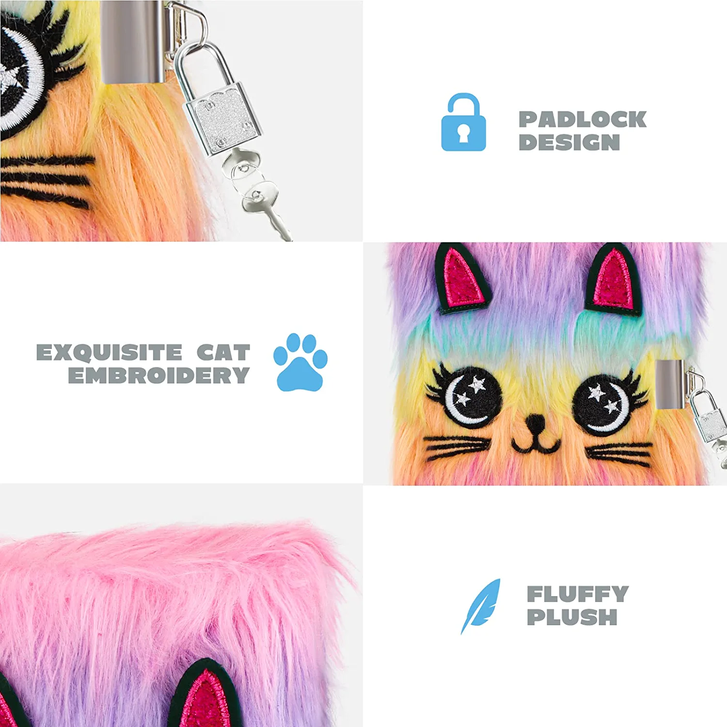 JYPS Cat Diary with Lock and Keys,Plush Secret Journal,Hardcover Fluffy Notebook for Writing and Drawing,Cute Fuzzy Stationary Gifts
