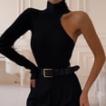 thumbnail image 4 of comerut Bodysuit One Shoulder Hollow Knitted Turtleneck Solid Color Elastic Soft Warm Bodysuit Skinny Lady Spring Fall Top, 4 of 7