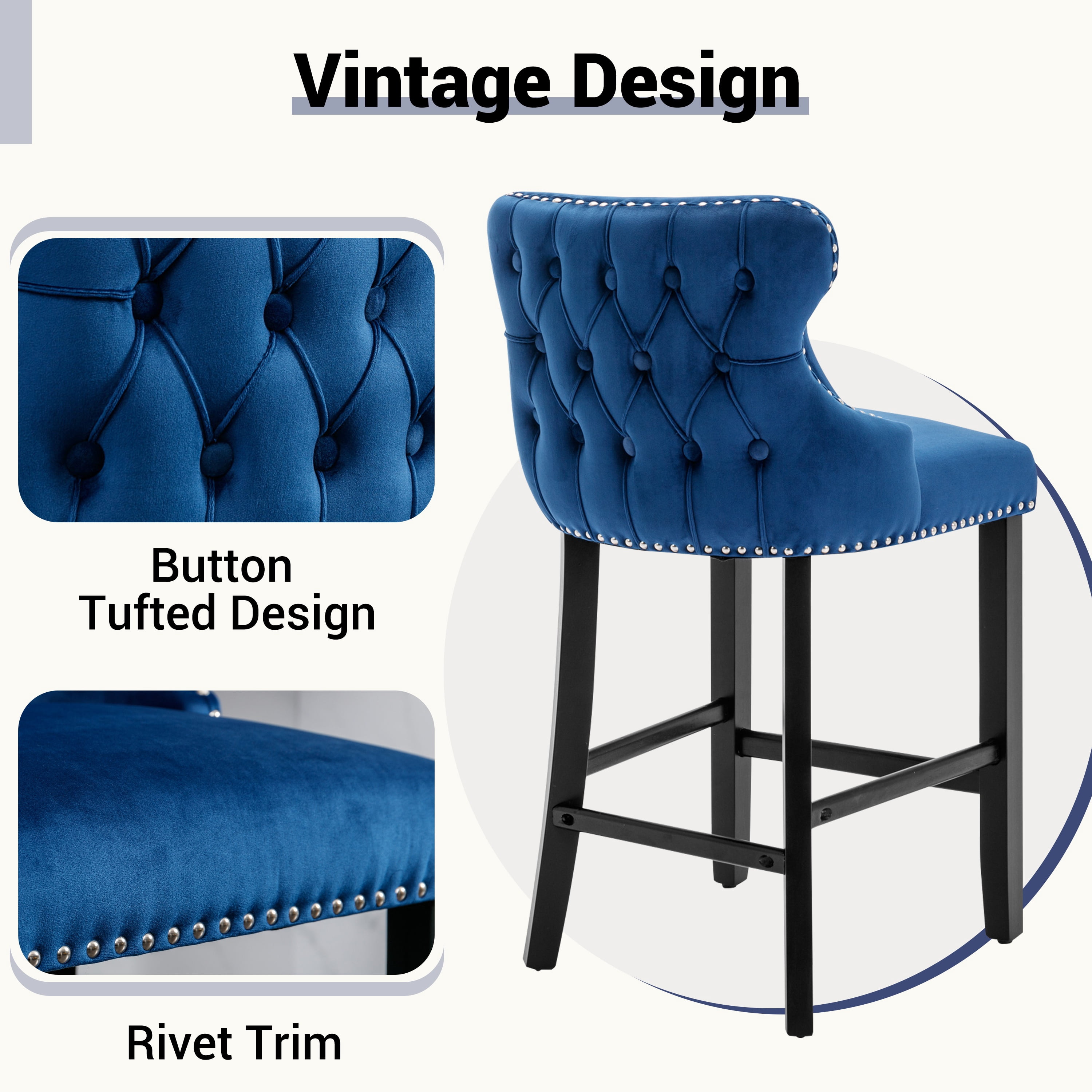Bar Stool Set of 4, Legahome 26" Counter Height Bar Stools with Back, Velvet Upholstered Bar Stool with Button Tufted & Wooden Legs, Bar Stools Chair for 35-39" Kitchen Island Counter, Blue