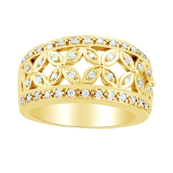 AFFY Round Cut White Natural Diamond Floral Anniversary Band Ring In 14K Solid Yellow Gold