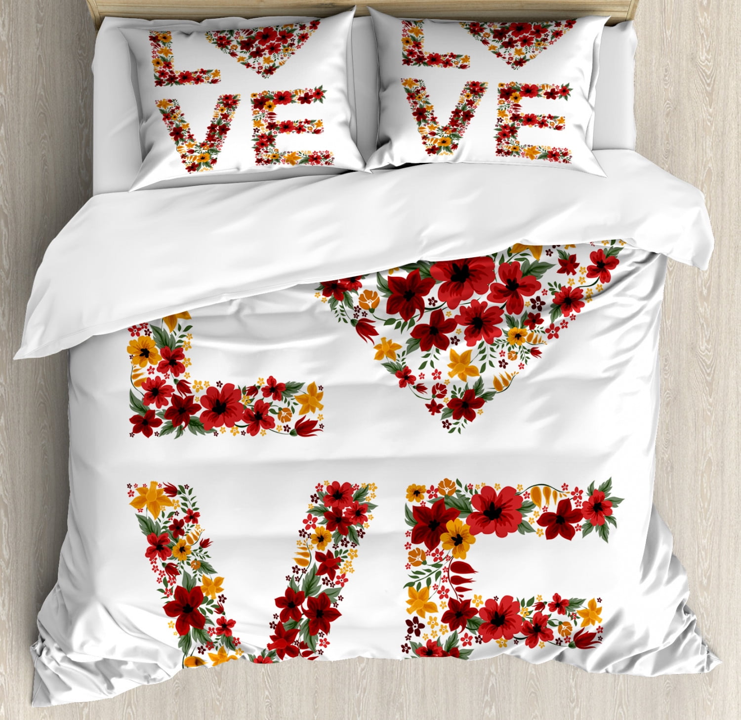 Valentines Day Decor King Size Duvet Cover Set, Garden Fowers Romantic