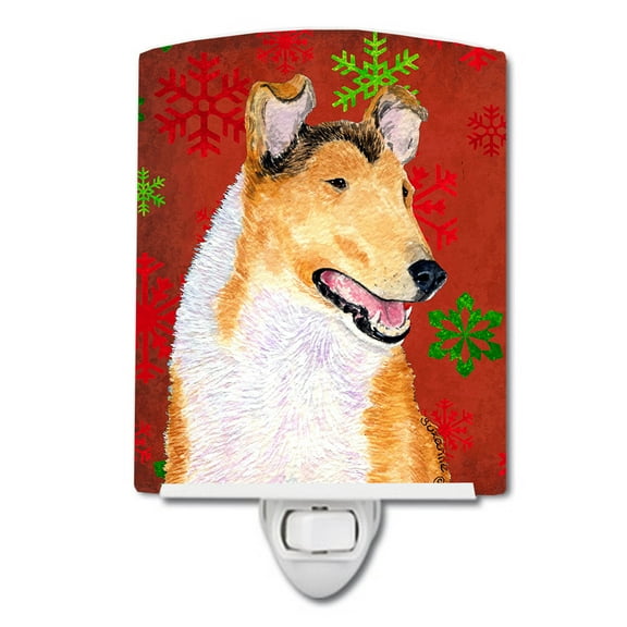 Caroline's Treasures SS4677CNL Collie Smooth Red Green Snowflakes Christmas Ceramic Night Light, 6x4x3", multicolor