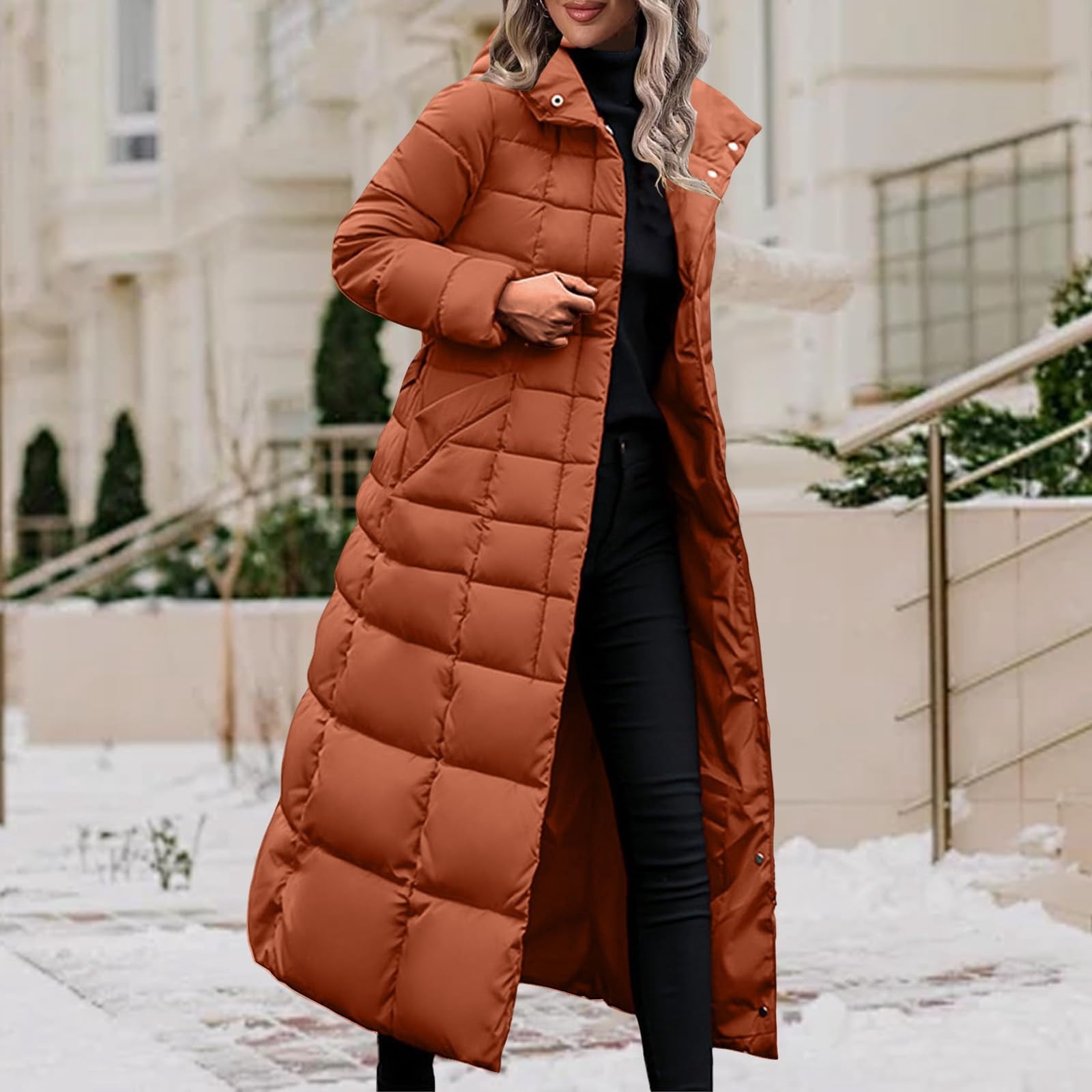 XPMWRP Women's Quilted Hooded Puffer Jacket Long Sleeve Solid Color Long Coat Winter Warm Thick Zipper Jacket with Pockets Brown XL