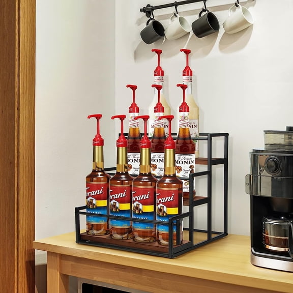 3-Tier Syrup Bottle Holder for Coffee , Wine, Dressing Storage Organizer with Matte Black Frame