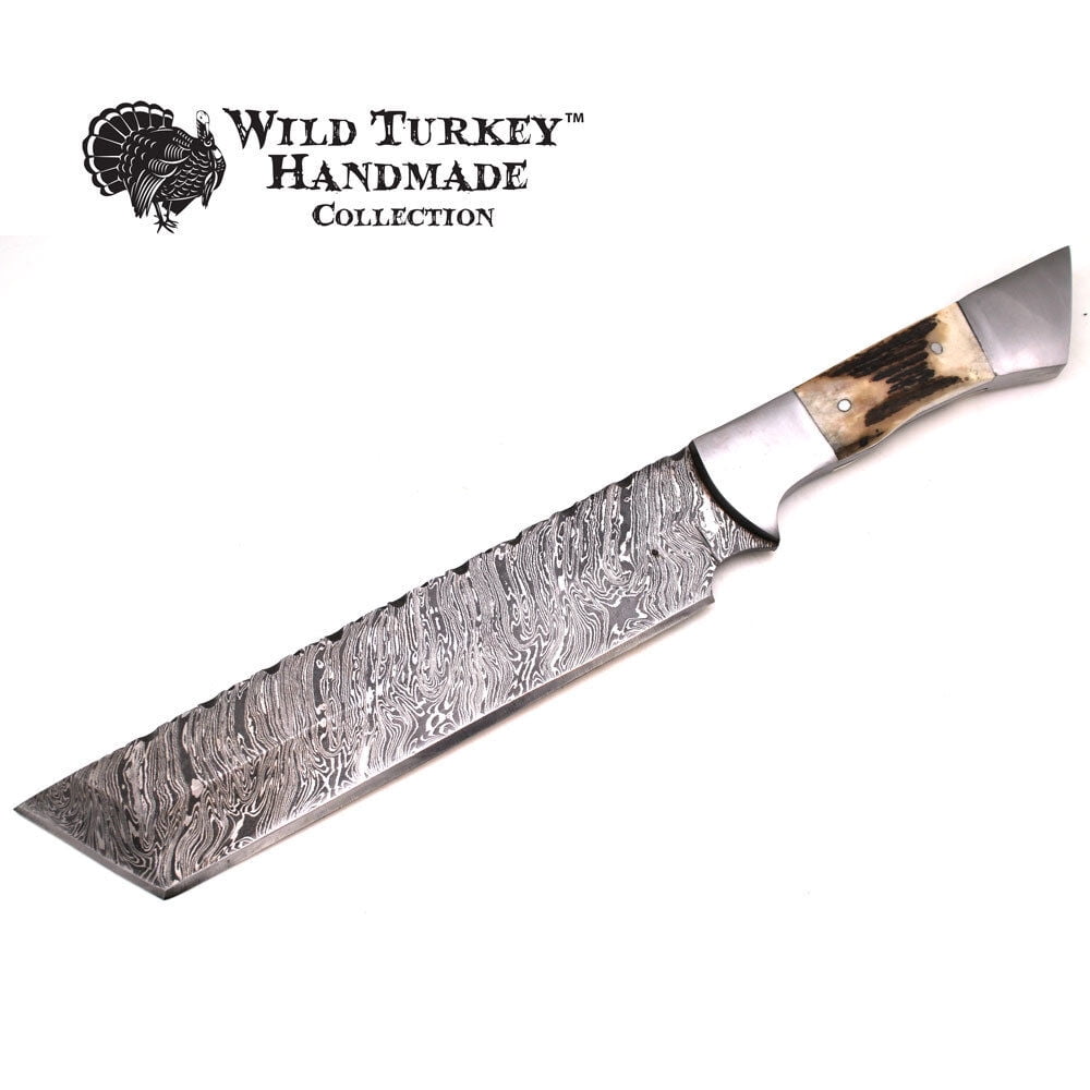Wild Turkey Handmade Damascus Fixed Blade Hunting Knife w/ Leather Sheath