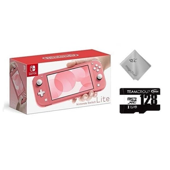 New TEC Nintendo Switch Lite Console Coral, 5.5" Touchscreen Display, WiFi, Bluetooth, Family Holiday Bundle with Teamgroup 128GB MicroSDHC