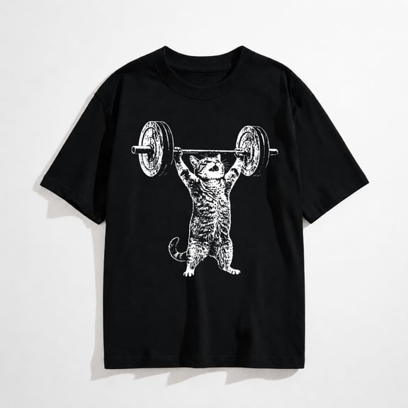 Funny T-shirt featuring a cat weightlifting print; suitable for men and women.