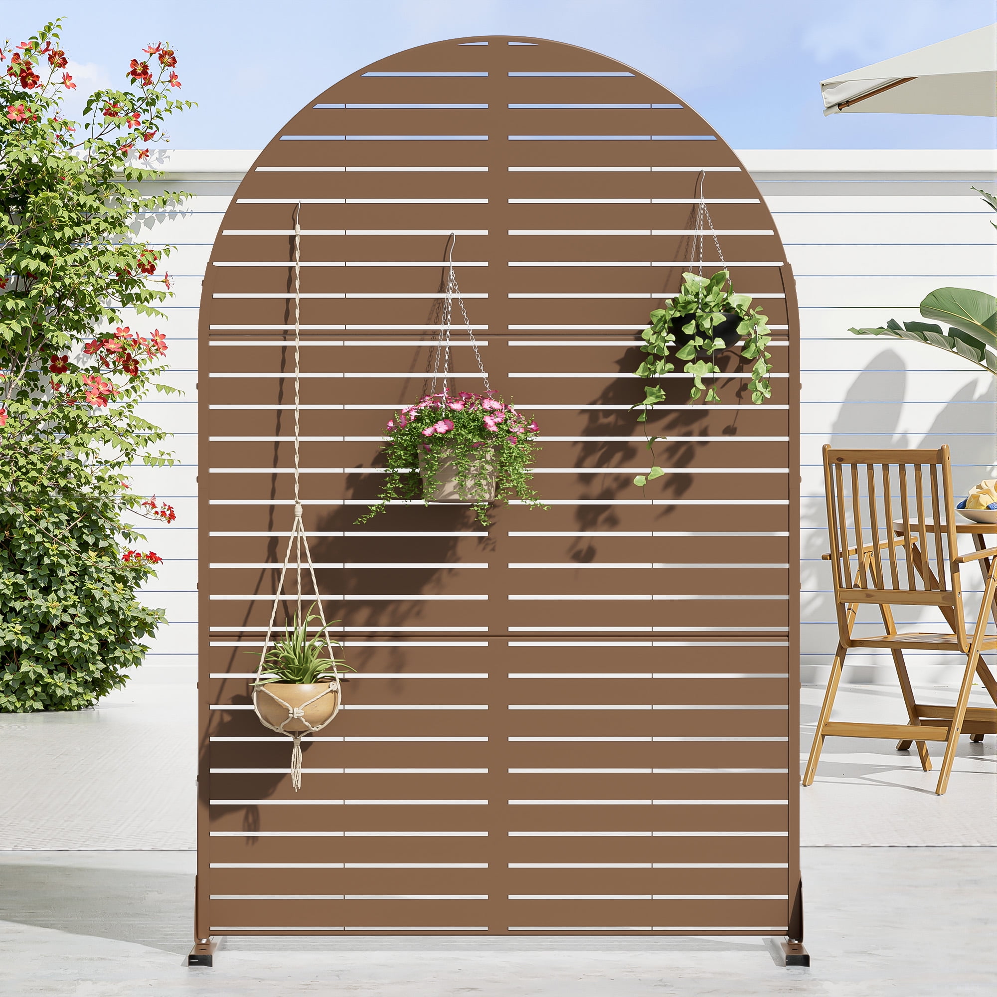 MAYEERTY 72×47" Arched Outdoor Brown Metal Privacy Panel Screen for Backyard & Garden, Louvered Pattern