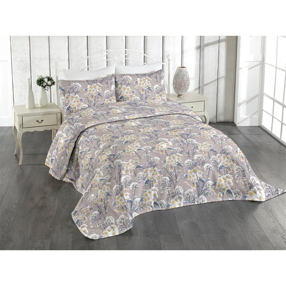 Ambesonne Floral Quilted Coverlet 3 Pcs, Winter Snowy Meadow Flowers, King Size, White Ceil Blue and Apricot