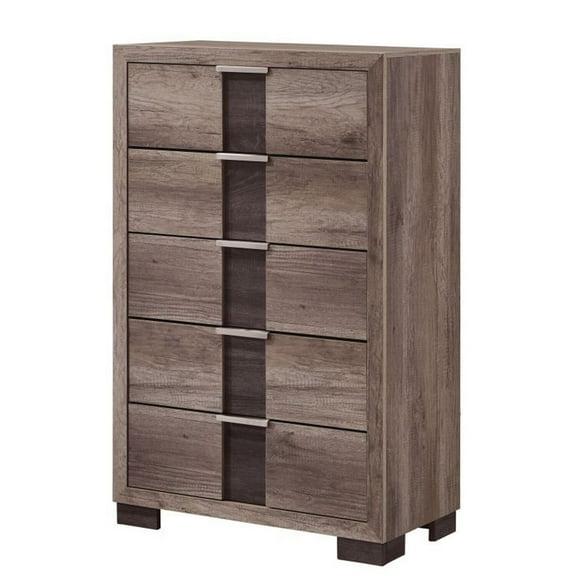 Benjara Rangley 47 Inch Tall Dresser Chest, Wood, 5 Drawers, Metal Handles, Brown